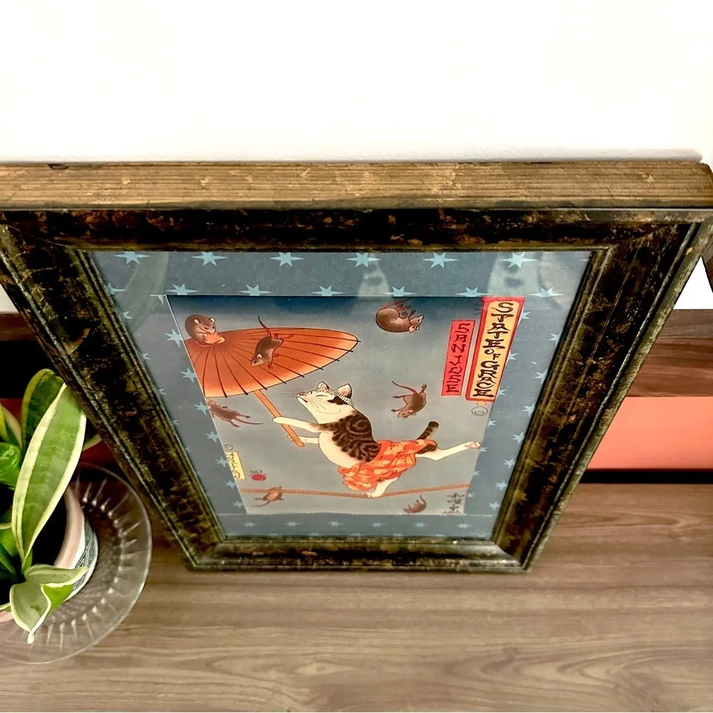 Japanese Cat on the High Wire Umbrella Mice Rat Tattoo Style Canvas Print Framed